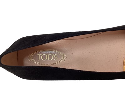 Lot 2094 - Tod's women's shoes, including leather loather shoes, two pairs, size 35 1/2 and 6 both in dust bags, studded black velvet flat pair, size 36 in dust bag and a boxed pair of dark brown suede ankle...