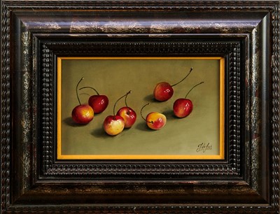 Lot 1409 - Johan De Fre (b. 1952) oil on board - Cherries, signed and dated 2002, 13cm x 20cm, framed  
Provenance: W. H. Patterson, London