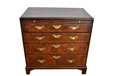 Lot 1116 - George I walnut and crossbanded chest of drawers, with caddy moulded top and brushing slide over four graduated drawers on bracket feet, 75cm wide x 44cm deep x 77cm high