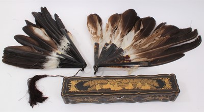 Lot 557 - 19th century Chinese black lacquer fan case, together with two tortoiseshell and eagle feather fans