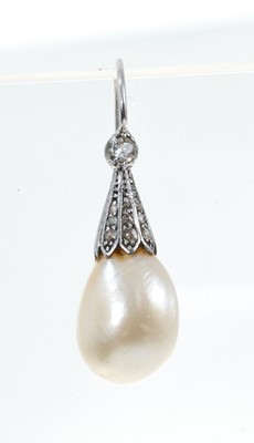 Lot 304 - A single pearl and diamond earring with a pear shape pearl (not tested for natural origin) measuring approximately 13mm x 9mm - 10.2mm. The pair to this earring was sold in the previous auction as...