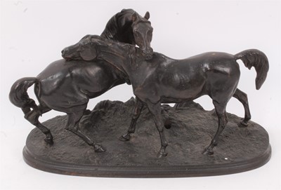 Lot 561 - After Mene, bronze sculpture of a stallion and a mare, drilled for a lamp fitting, 31cm wide