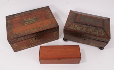 Lot 562 - William IV rosewood and brass inlaid sewing box, of sarcophagus form, with silk lined fitted interior on bun feet, 24cm wide, together with another brass inlaid rosewood box and a mahogany box hous...