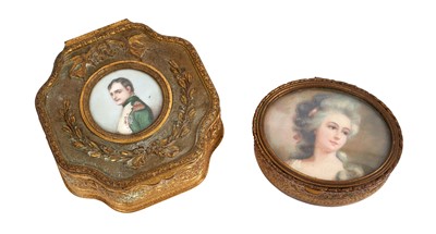 Lot 564 - 19th century French gilt metal box, with inset watercolour portrait on ivory of Napoleon, 9cm wide, together with another French box with inset colour print of Marie Antoinette