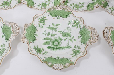 Lot 17 - Mid-19th century English porcelain dessert service, including three twin-handled dishes and six plates, printed in green with a floral pattern, scalloped rim with beaded edge, pattern number 2764 i...