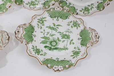 Lot 17 - Mid-19th century English porcelain dessert service, including three twin-handled dishes and six plates, printed in green with a floral pattern, scalloped rim with beaded edge, pattern number 2764 i...
