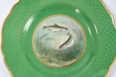 Lot 18 - Set of twelve early 20th century Spode plates decorated with fish, titled verso, on a green and gilt fish-scale ground, stamped marks, 23cm diameter