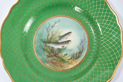 Lot 18 - Set of twelve early 20th century Spode plates decorated with fish, titled verso, on a green and gilt fish-scale ground, stamped marks, 23cm diameter