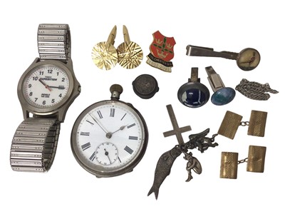 Lot 170 - Pair of 9ct gold cufflinks, silver open faced watch and other jewellery.