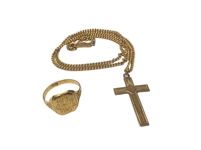 Lot 47 - 9ct gold cross pendant on 14ct gold chain and 9ct gold signet ring (2)