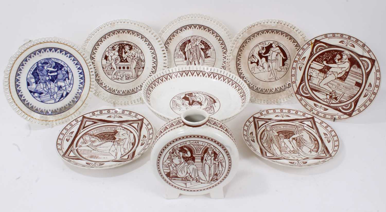 Lot 34 - Group of Minton Aesthetic style ceramics, including a moonflask, plates and a footed dish, printed in brown (one in blue) with scenes from Shakespeare and children's tales (9)