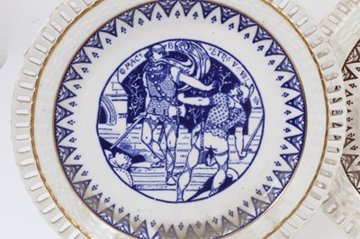 Lot 34 - Group of Minton Aesthetic style ceramics, including a moonflask, plates and a footed dish, printed in brown (one in blue) with scenes from Shakespeare and children's tales (9)