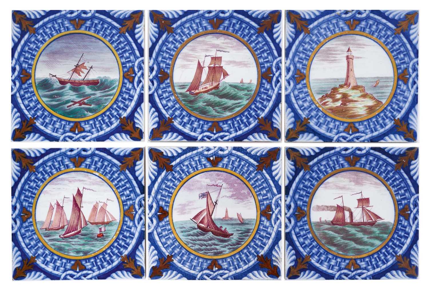 Lot 37 - Six Victorian Minton & Hollins tiles, polychrome printed with boats and a lighthouse, within a rope, shell and seaweed border