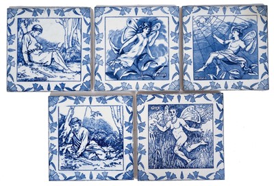 Lot 38 - Set of five Victorian Wedgwood of Etruria tiles, printed in blue with characters from A Midsummer Night's Dream, 20.25cm square