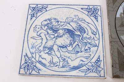 Lot 39 - Five Victorian tiles printed with scenes from Shakespeare, including a pair of Victorian Minton & Hollins tiles, entitled 'Rosalind & Orlando' and 'Calibah & His Confederates Punished', and a pair...