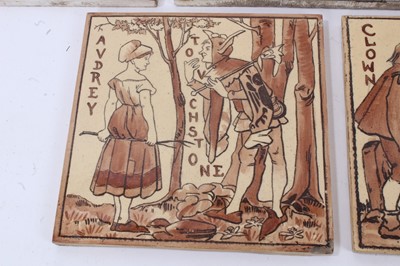 Lot 39 - Five Victorian tiles printed with scenes from Shakespeare, including a pair of Victorian Minton & Hollins tiles, entitled 'Rosalind & Orlando' and 'Calibah & His Confederates Punished', and a pair...