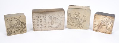 Lot 647 - Chinese paktong ink box, finely engraved with imagined landscape and script, 11.5cm wide, together with three further ink boxes with pictoral ornament