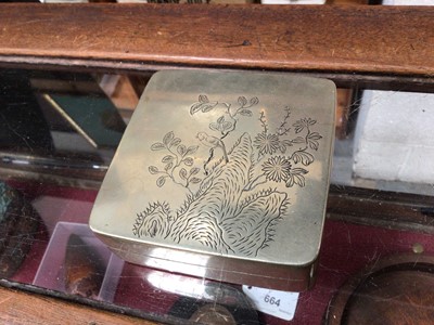 Lot 647 - Chinese paktong ink box, finely engraved with imagined landscape and script, 11.5cm wide, together with three further ink boxes with pictoral ornament