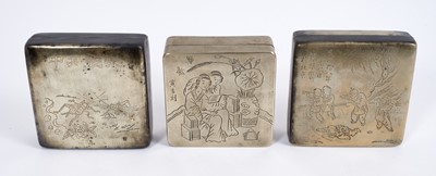 Lot 648 - Chinese paktong ink box, engraved with two figures in an interior, 9cm wide, together with two further pictorially engraved ink boxes