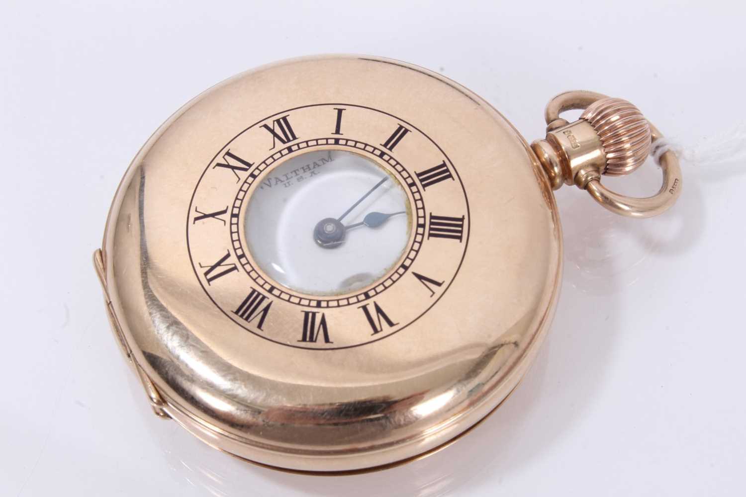 Lot 420 - 9ct gold Waltham half hunter pocket watch