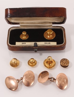 Lot 334 - Pair of 9ct rose gold cufflinks and various gold shirt studs