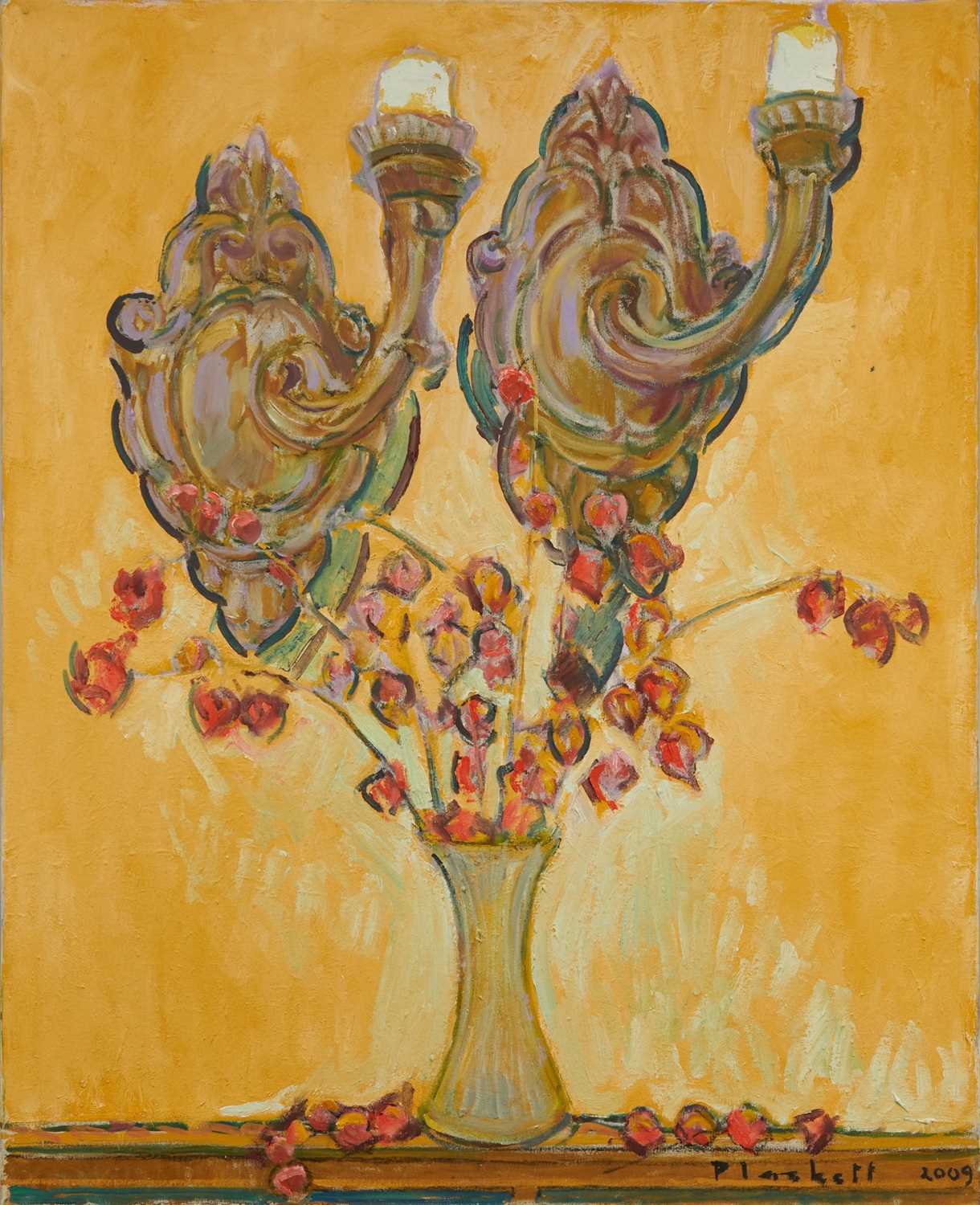 Lot 965 - Joseph Plaskett (1918-2014) oil on canvas - Still Life Candelabras, Chinese Lanterns & Books, titled verso, signed and dated 2009, unframed