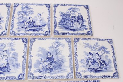 Lot 41 - Group of thirteen Victorian blue and white Minton tiles, printed with scenes in the style of Watteau, 15.25cm square