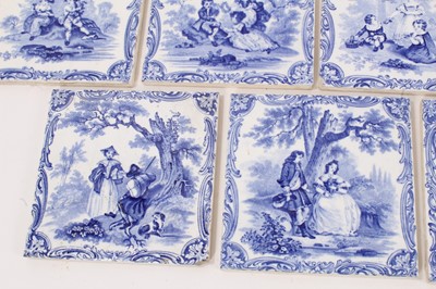 Lot 41 - Group of thirteen Victorian blue and white Minton tiles, printed with scenes in the style of Watteau, 15.25cm square