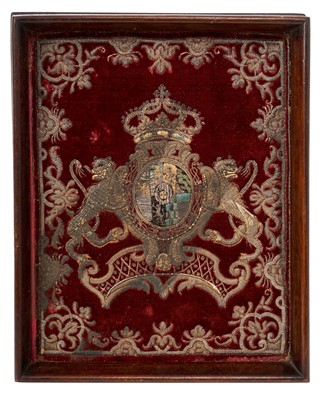 Lot 127 - 18th century Continental armorial embroidered panel/book front