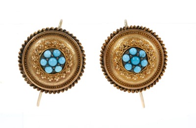 Lot 346 - Pair of Victorian gold and turquoise cluster earrings