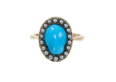 Lot 345 - Victorian turquoise and seed pearl oval cluster ring in gold setting with pierced gallery on gold shank, ring size K.