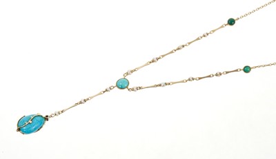 Lot 347 - Arts & Crafts 15ct gold turquoise and seed pearl pendant necklace by Murrle Bennett & Co. the turquoise pendant drop with a rose cut diamond and gold mount, suspended from a gold, turquoise and see...