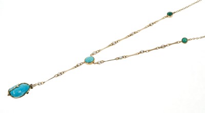 Lot 347 - Arts & Crafts 15ct gold turquoise and seed pearl pendant necklace by Murrle Bennett & Co. the turquoise pendant drop with a rose cut diamond and gold mount, suspended from a gold, turquoise and see...