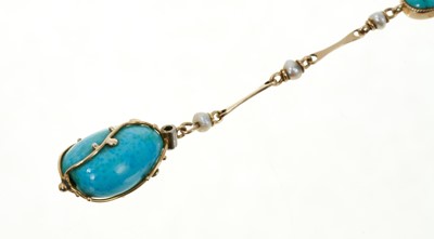 Lot 347 - Arts & Crafts 15ct gold turquoise and seed pearl pendant necklace by Murrle Bennett & Co. the turquoise pendant drop with a rose cut diamond and gold mount, suspended from a gold, turquoise and see...