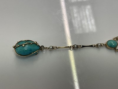 Lot 347 - Arts & Crafts 15ct gold turquoise and seed pearl pendant necklace by Murrle Bennett & Co. the turquoise pendant drop with a rose cut diamond and gold mount, suspended from a gold, turquoise and see...