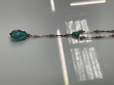 Lot 347 - Arts & Crafts 15ct gold turquoise and seed pearl pendant necklace by Murrle Bennett & Co. the turquoise pendant drop with a rose cut diamond and gold mount, suspended from a gold, turquoise and see...