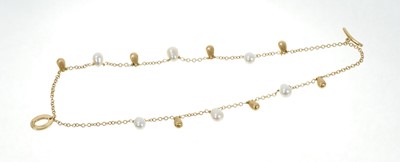 Lot 356 - Links of London 18ct gold and cultured pearl two-strand bracelet, the pear shape pearls interspaced with gold pear shape drops on chain links, hallmarked London 2004, length 19cm.