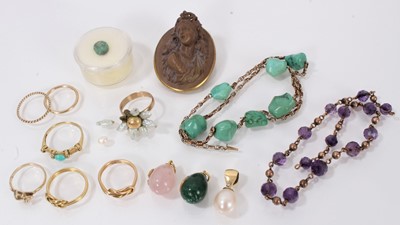 Lot 364 - Seven gold rings, two 18ct gold mounted egg pendants, and other items of jewellery