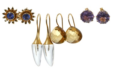 Lot 343 - Four pairs of gold and gem-set earrings