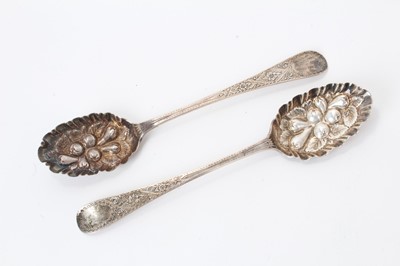 Lot 234 - Pair Georgian silver Old English pattern table spoons, later decorated as Berry spoons