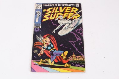Lot 2 - Marvel Comics The Silver Surfer #4 (1969). Classic cover, Thor battles Silver Surfer. Priced 25 cents. (1) Rear of cover detached.