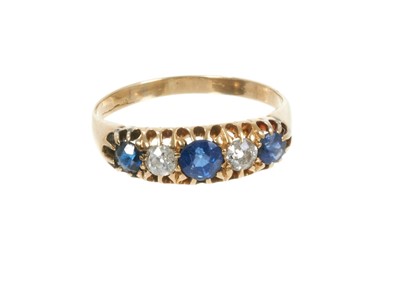 Lot 391 - Victorian diamond and sapphire five stone ring with three round mixed cut blue sapphires and two old cut diamonds in gold claw setting on gold shank, estimated total diamond weight approximately 0....