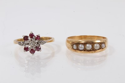 Lot 392 - Victorian gold and split pearl ring with five graduated pearls in 18ct gold setting, size P½, together with a ruby and diamond cluster ring in 18ct gold setting, size M (2)