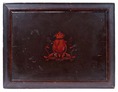 Lot 1324 - George III painted coach panel, with armorial for the Fitzgerald family of Castle Croom and motto 'Crom A Boo', 24 x 33cm, framed