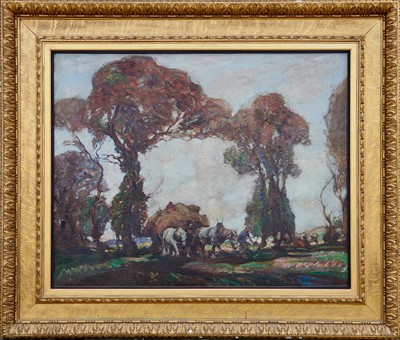 Lot 868 - William Watt Milne (1865-1949) oil on canvas - The Hay Wagon, initialled, 100cm x 125cm, a further landscape work verso, in orignal gilt frame, 143cm x 168cm overall