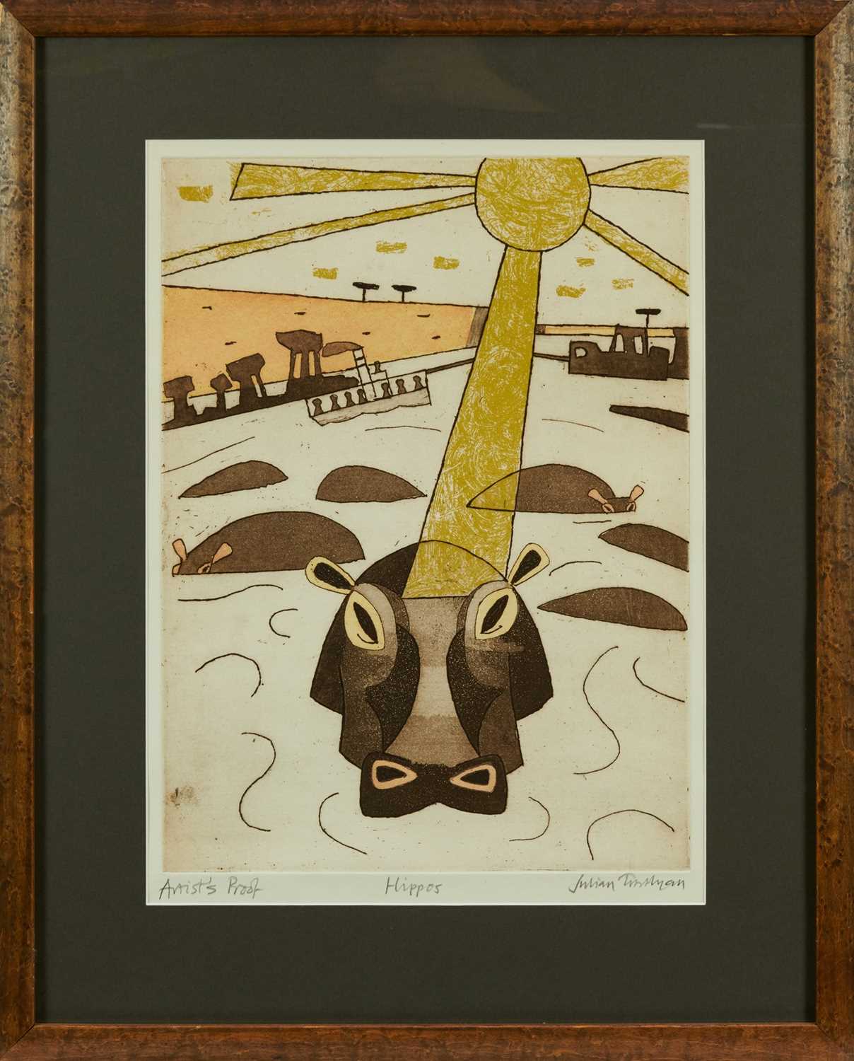 Lot 876 - *Julian Trevelyan (1910-1988) signed artists proof etching - Hippos, 50.5cm x 37cm, in glazed frame