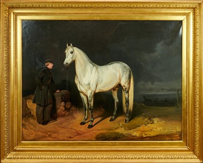 Lot 800 - Continental School, 19th century, oil on canvas - An Arab  Stallion and Groom in Landscape, indistinctly signed and dated 1854, 87cm x 115cm, in gilt frame