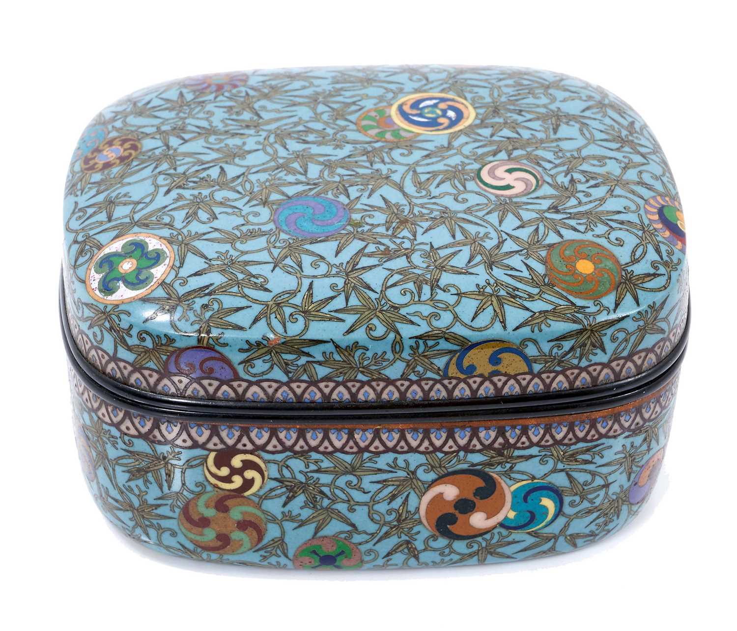 Lot 663 - Japanese Meiji period cloisonné box, decorated with roundels on a foliate-patterned bamboo ground