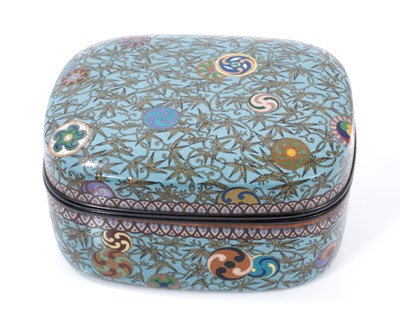 Lot 663 - Japanese Meiji period cloisonné box, decorated with roundels on a foliate-patterned bamboo ground