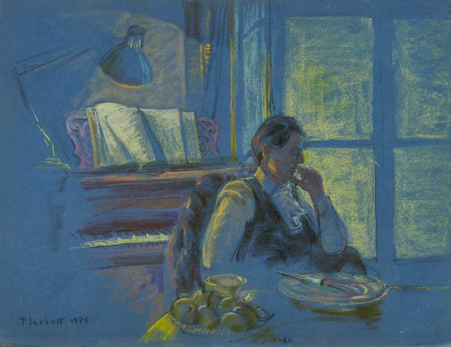 Lot 956 - Joseph Plaskett (1918-2014) pastel - Cleo and Piano/ Cleo on Blue, signed and dated 1975, 50cm x 65cm, unframed